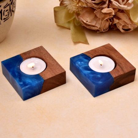 Wooden T-Lite Holder With Blue Resin Effect - 2 Piece